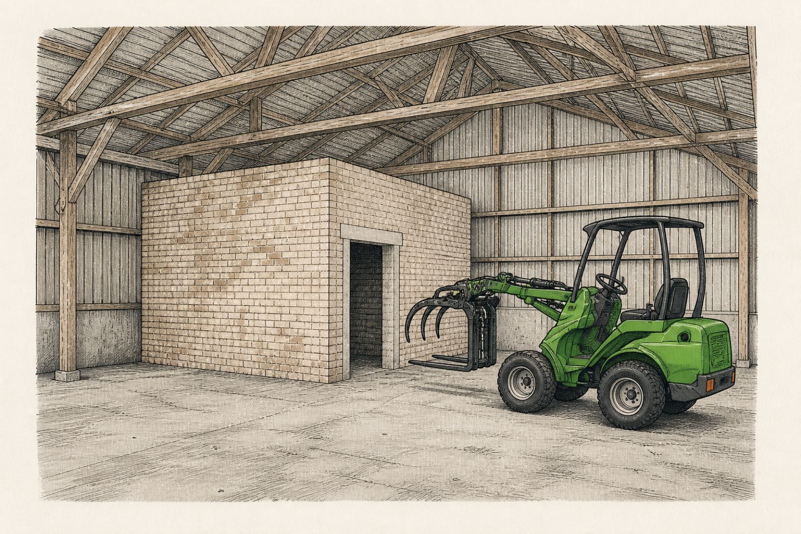Illustration of the brick structure standing inside the outer building before demolition