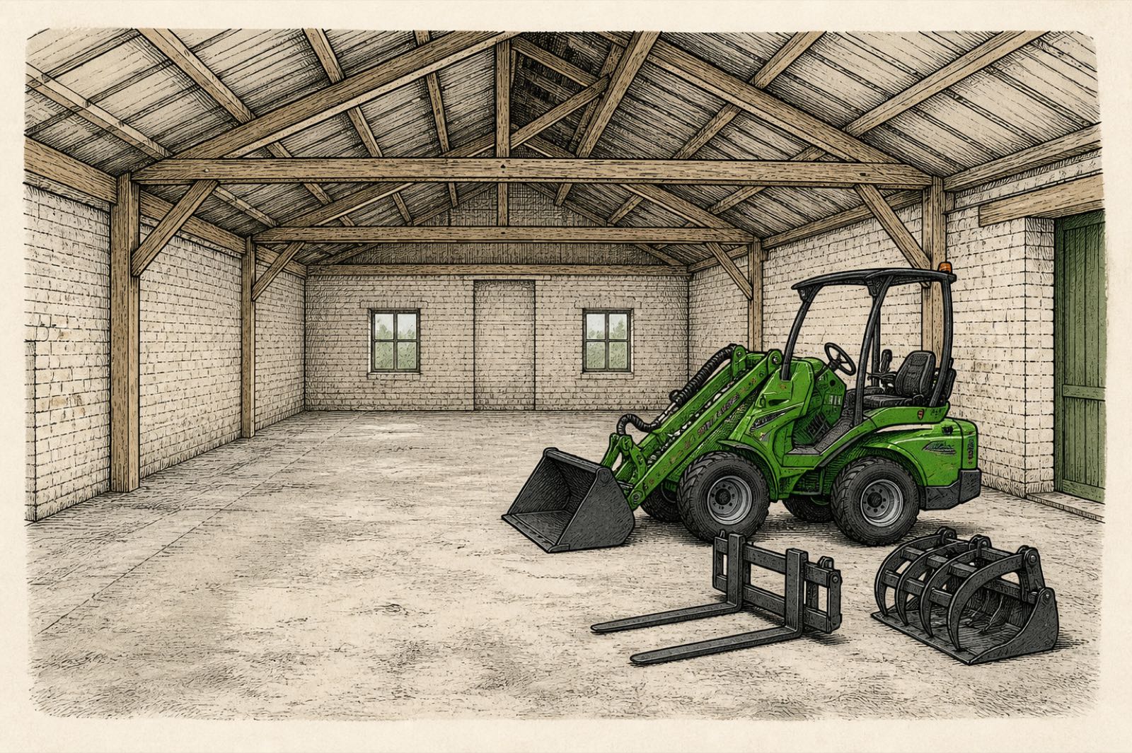 Illustration of the cleared interior with the machine and attachments stored inside