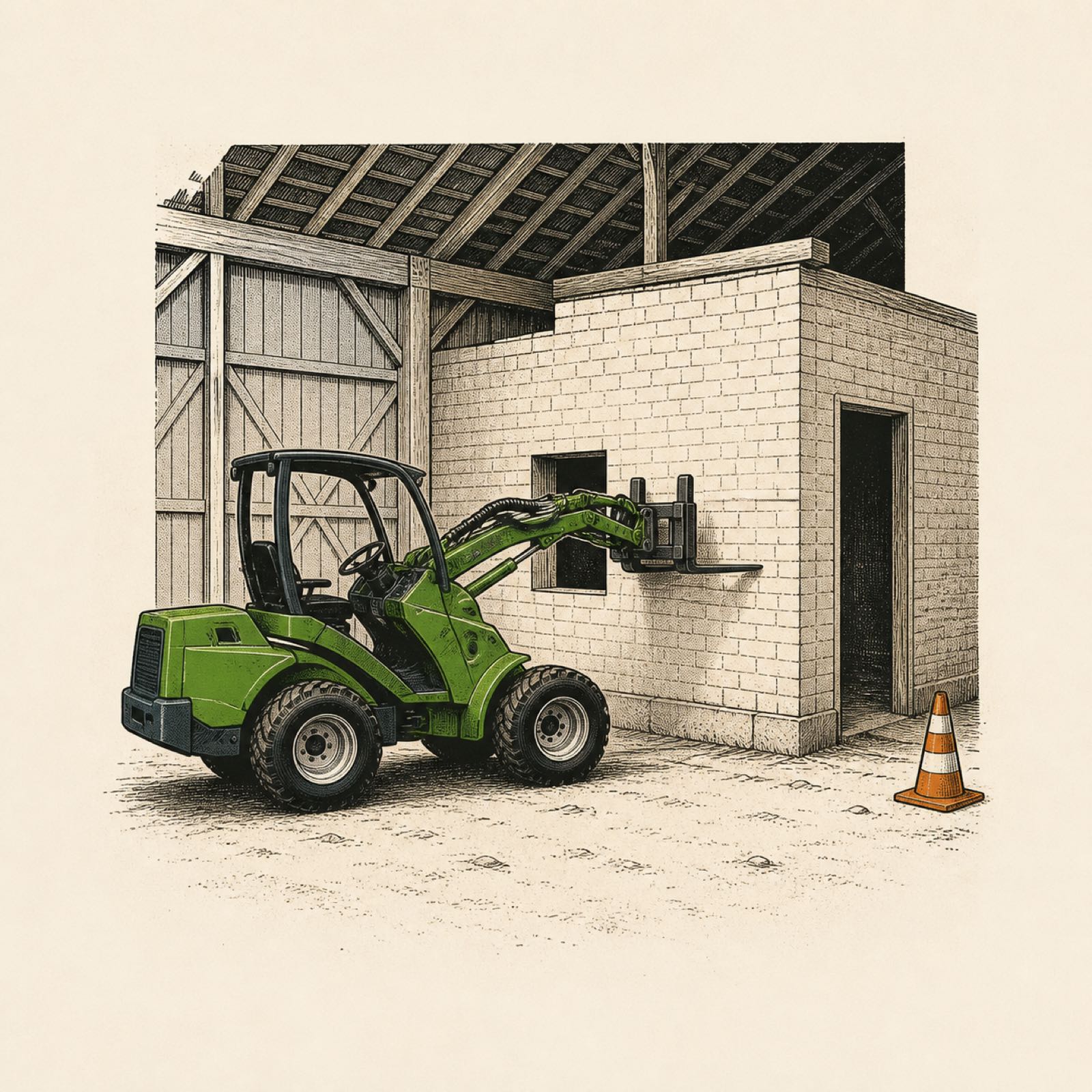 Demolishing a brick building inside a building with an Avant 528