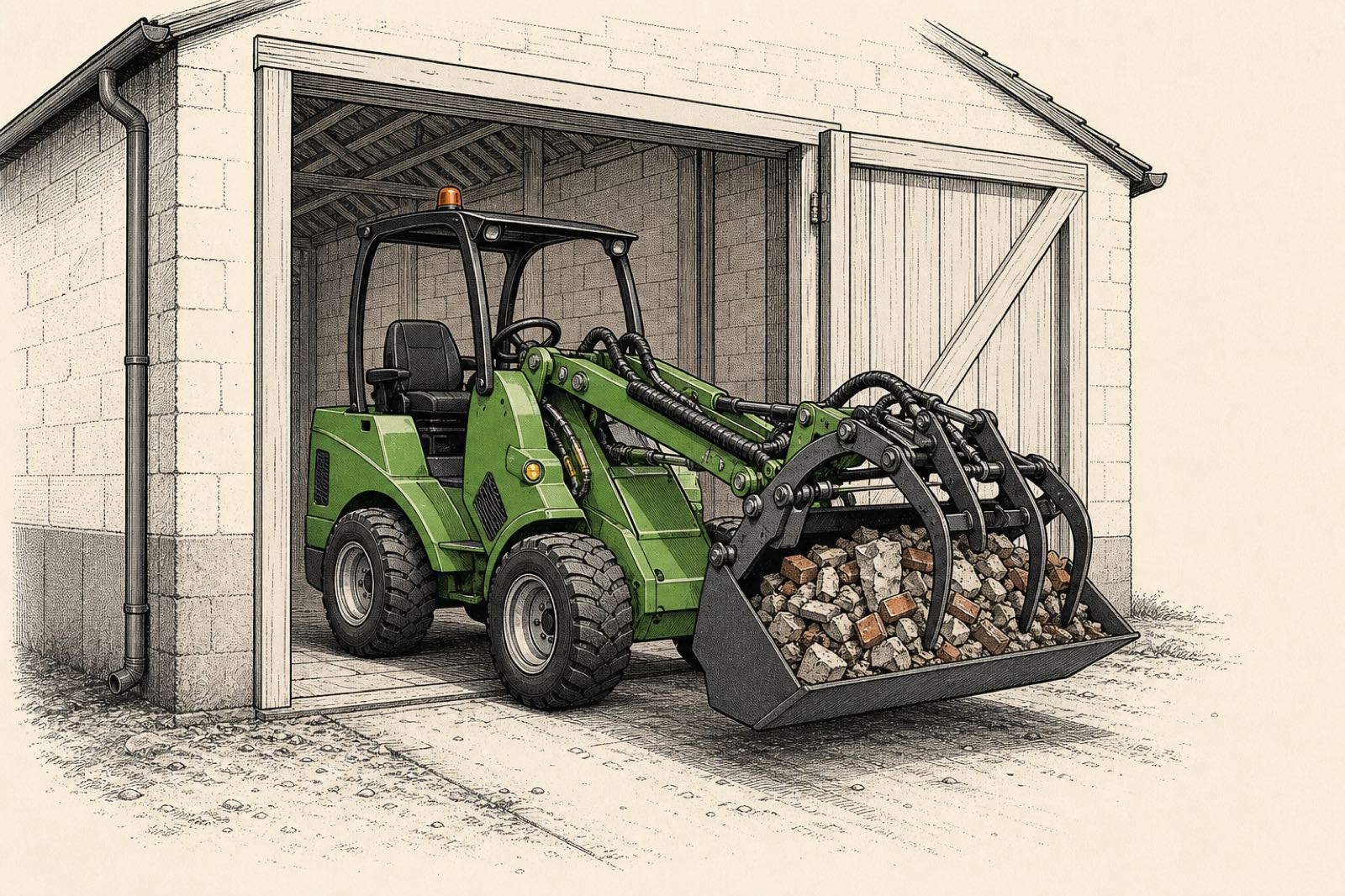 Illustration of the grapple clamped over a bucket-load of brick rubble