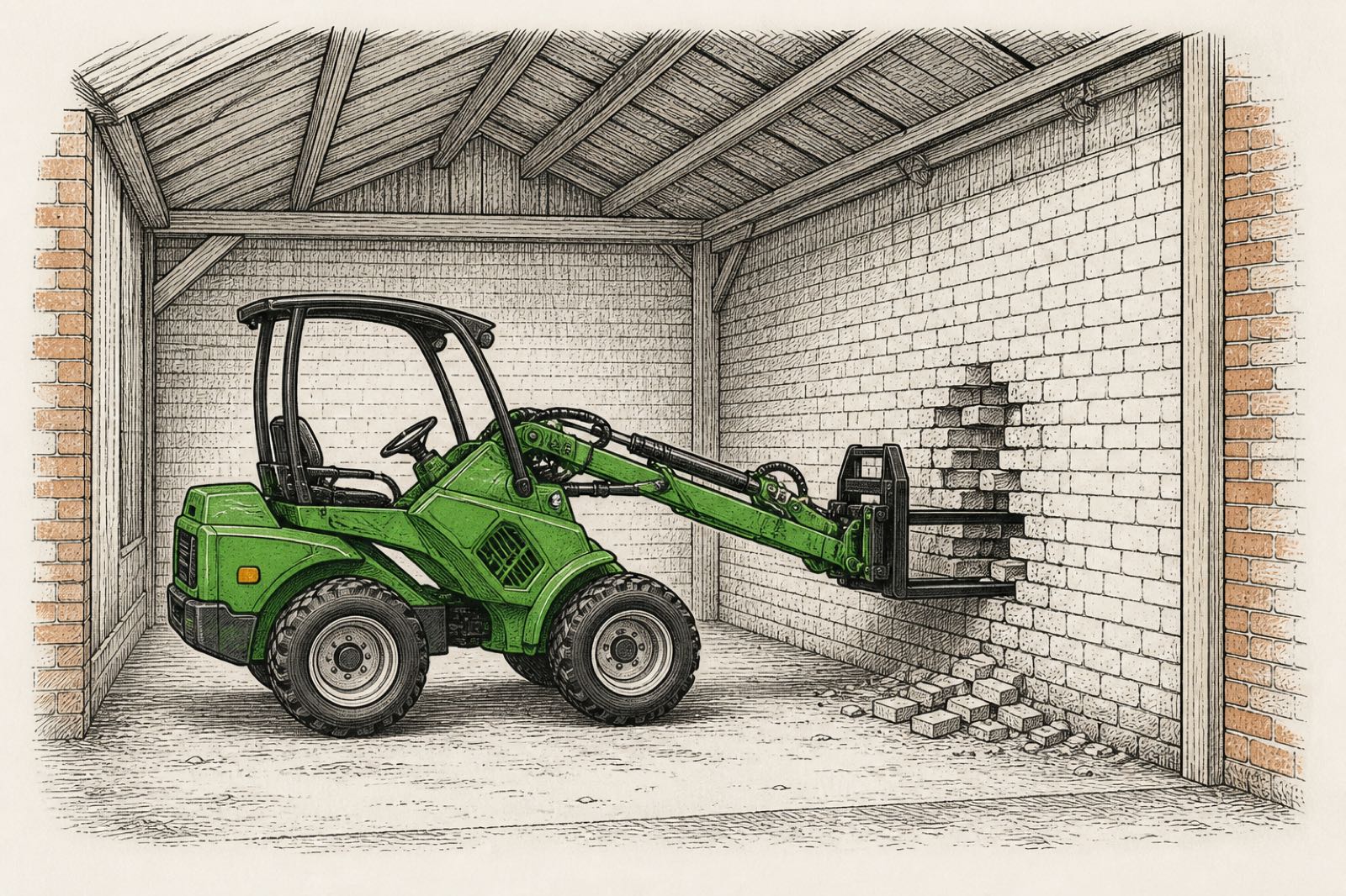 Illustration of a controlled push against the brick wall with pallet forks