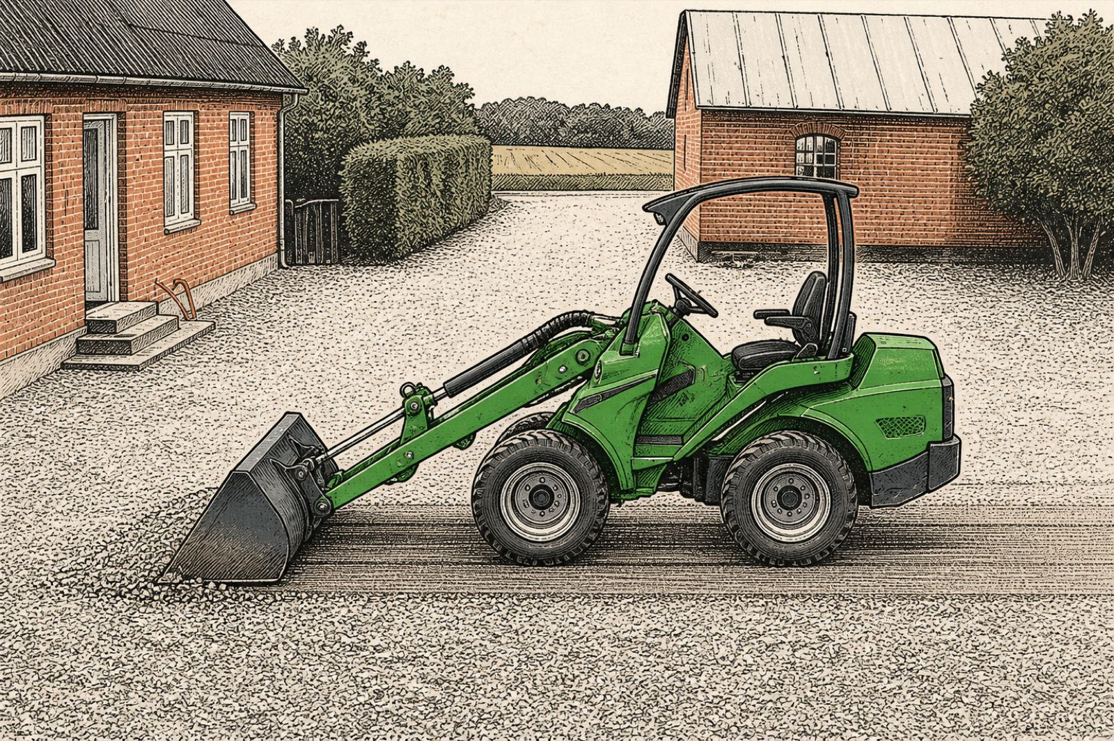 Illustration of back-dragging pea gravel with the standard bucket