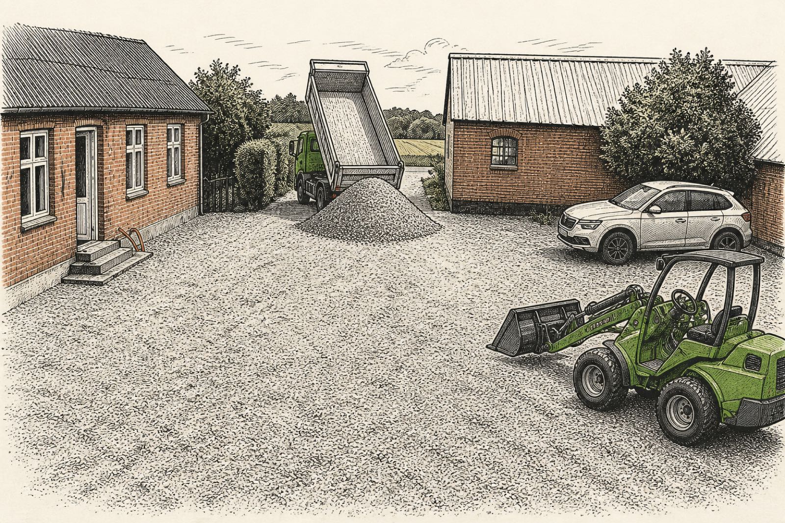 Illustration of one tipper load of pea gravel in a single pile