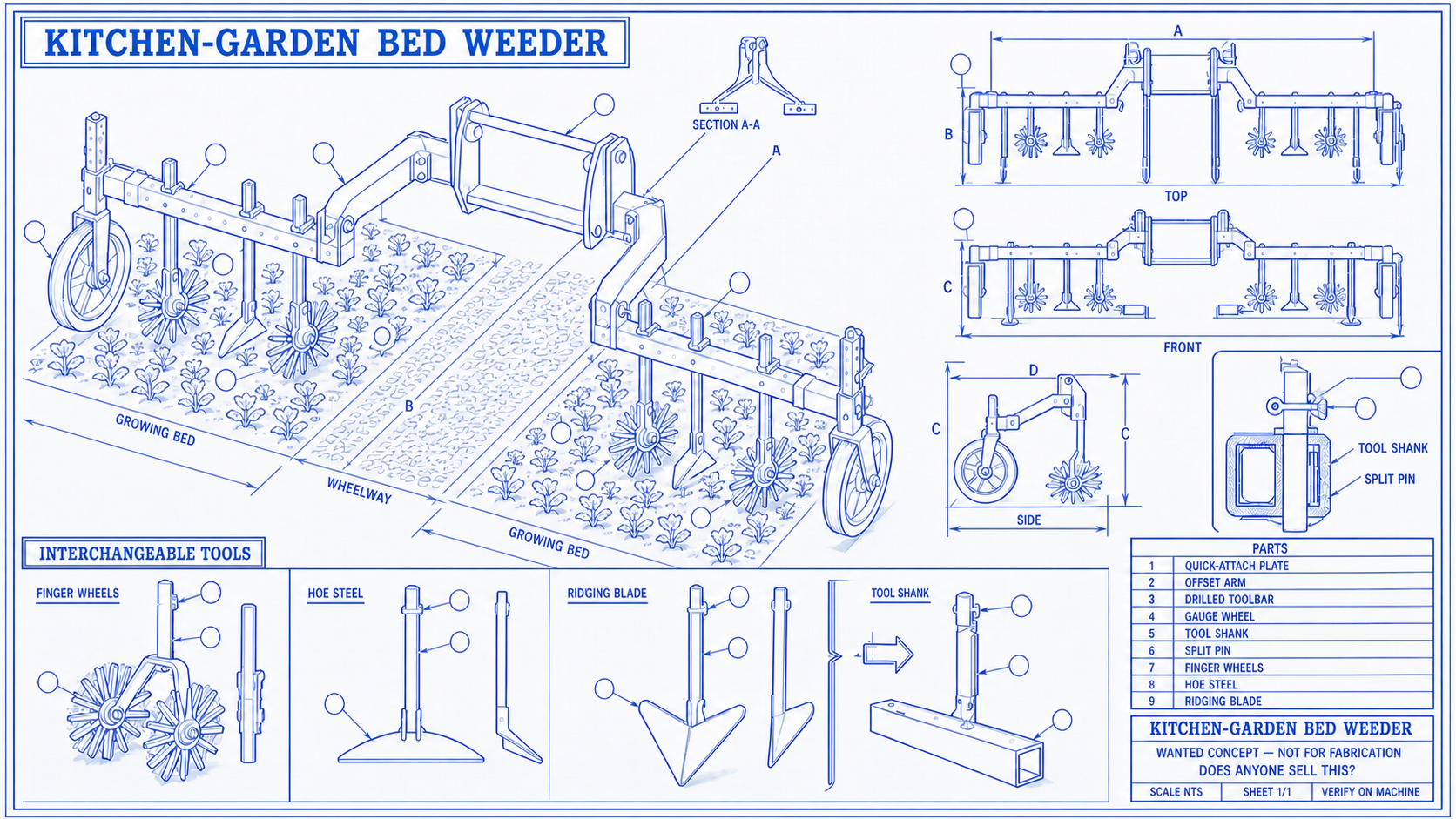 Blueprint concept drawing of an offset bed weeder on an Avant quick-attach plate, with side arms reaching over a 75 cm growing bed