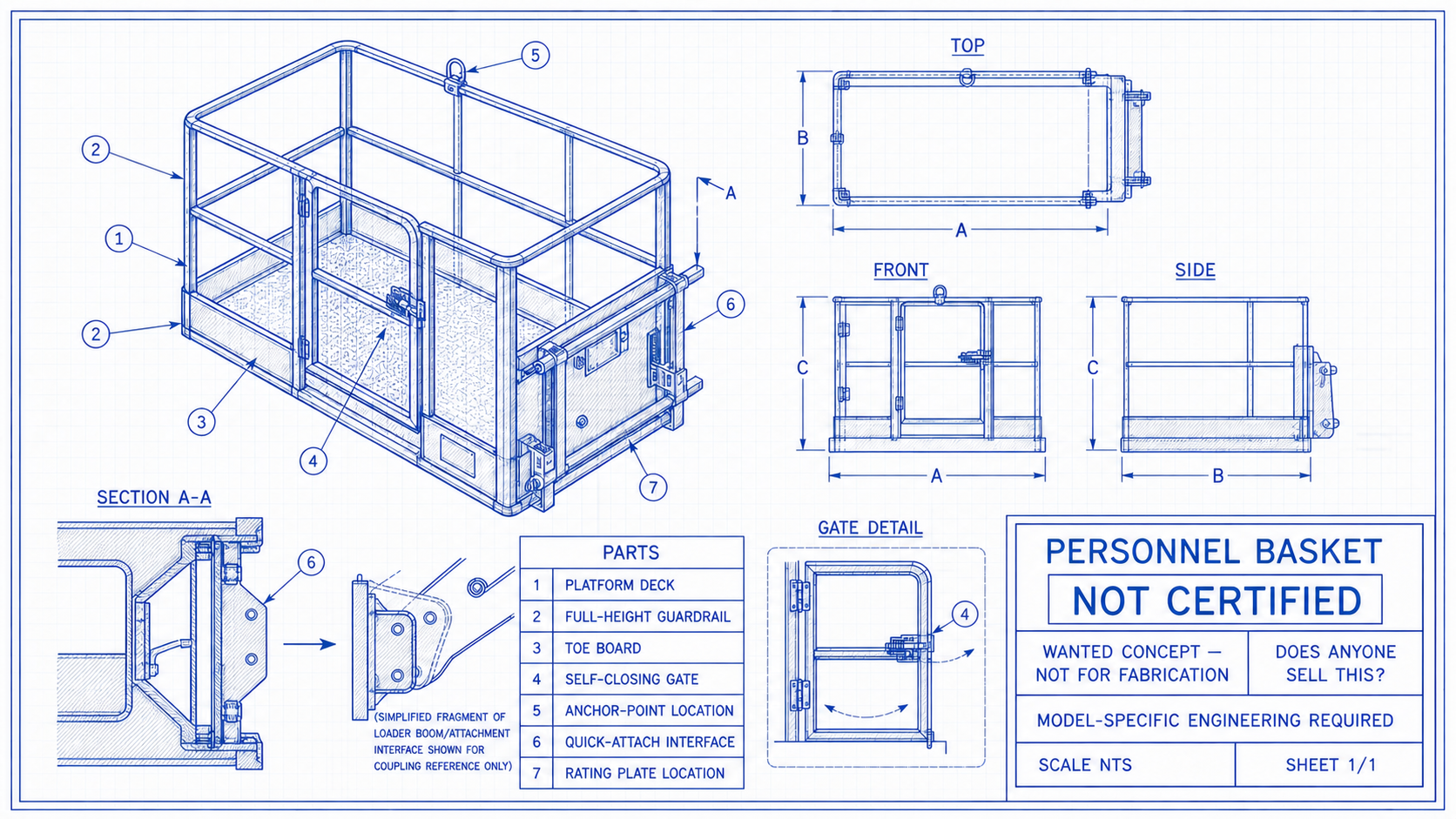 Blueprint concept drawing of a guarded personnel basket with a self-closing gate and quick-attach interface, marked not certified