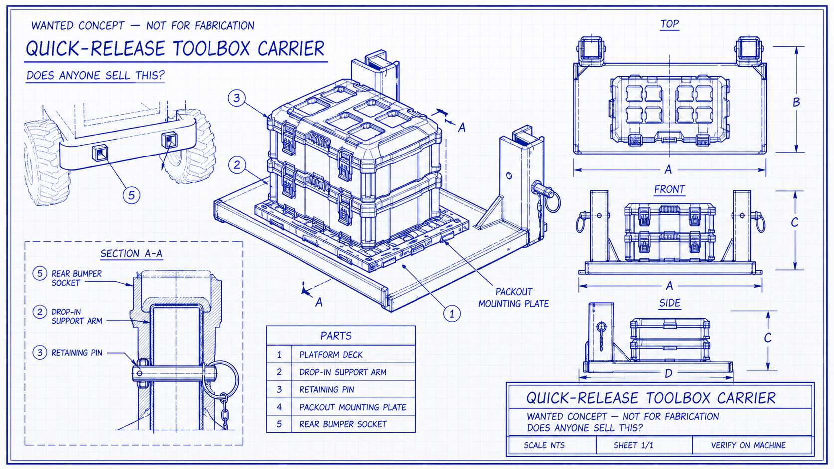 Blueprint concept drawing of a quick-release rear toolbox carrier with a Packout mounting plate and stacked toolboxes